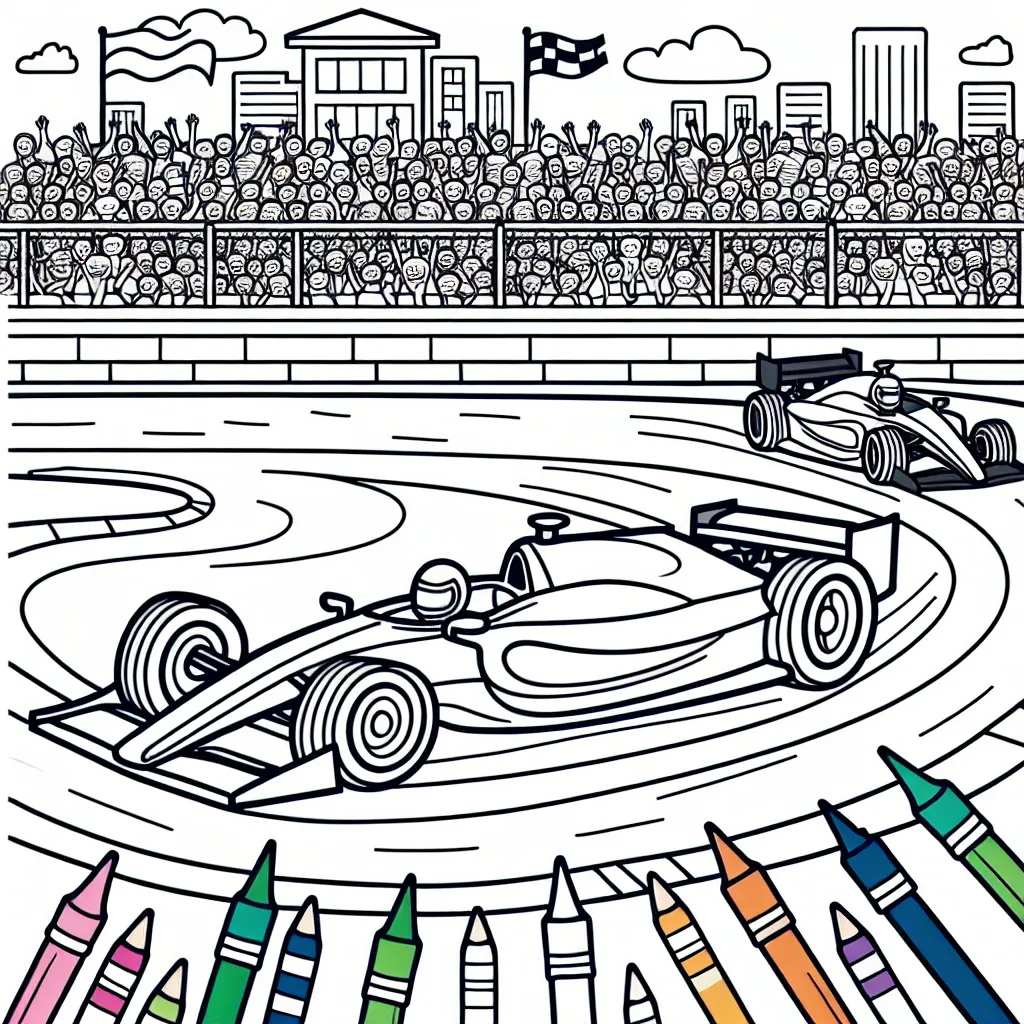 Une journée passionnante sur le circuit de course ! Dessine et colore les voitures de course qui zooment autour de la piste. N'oublie pas de colorier les tribunes pleines de spectateurs.