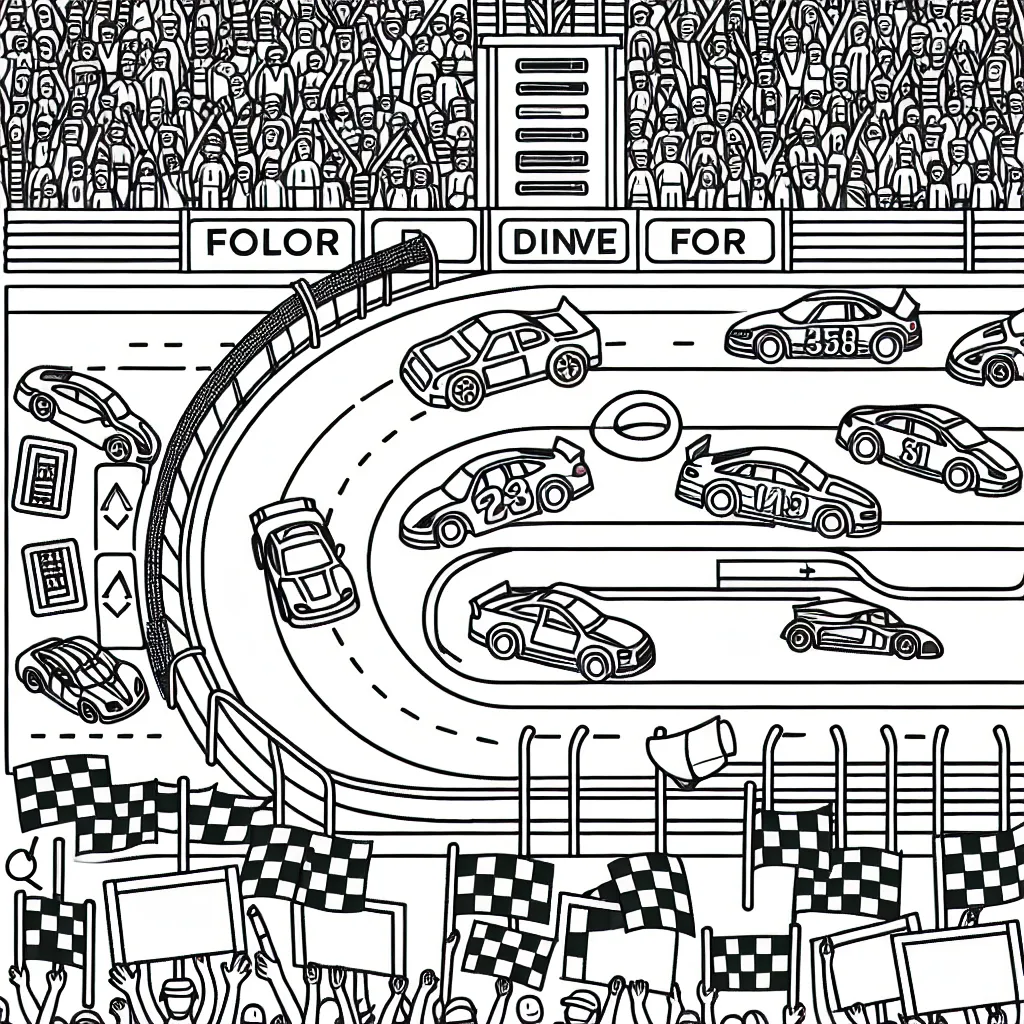 Dessine une scène animée d'un circuit de voiture avec des voitures de course colorées, un public enthousiaste, et des panneaux publicitaires autour.