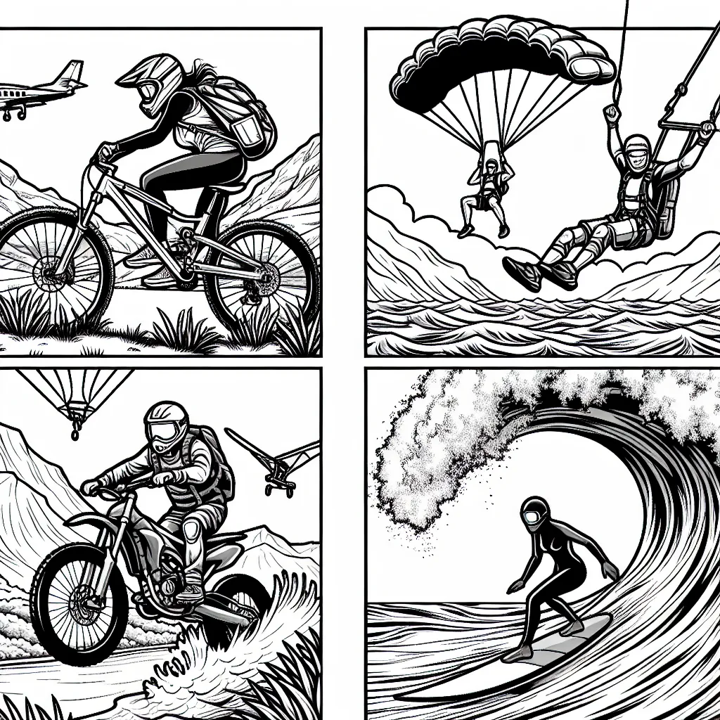 Des athlètes pratiquant une variété de sports extrêmes sont représentés dans cette activité passionnante. De la descente en VTT sur terrain accidenté, au parachutisme en passant par le surf sur des vagues gigantesques, chaque scène est prête à être colorée>