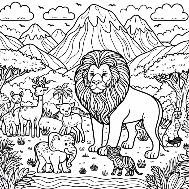 Au beau milieu de la jungle, un lion majestueux domine le panorama, entouré de ses amis les animaux. Tu dois leur donner des couleurs !