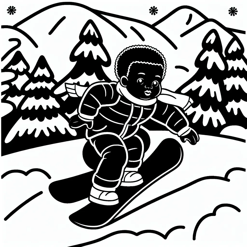 Dessine un athlète faisant du snowboard descendre une montagne enneigée, avec des sapins en arrière-plan et une rampe pour les sauts extrêmes.