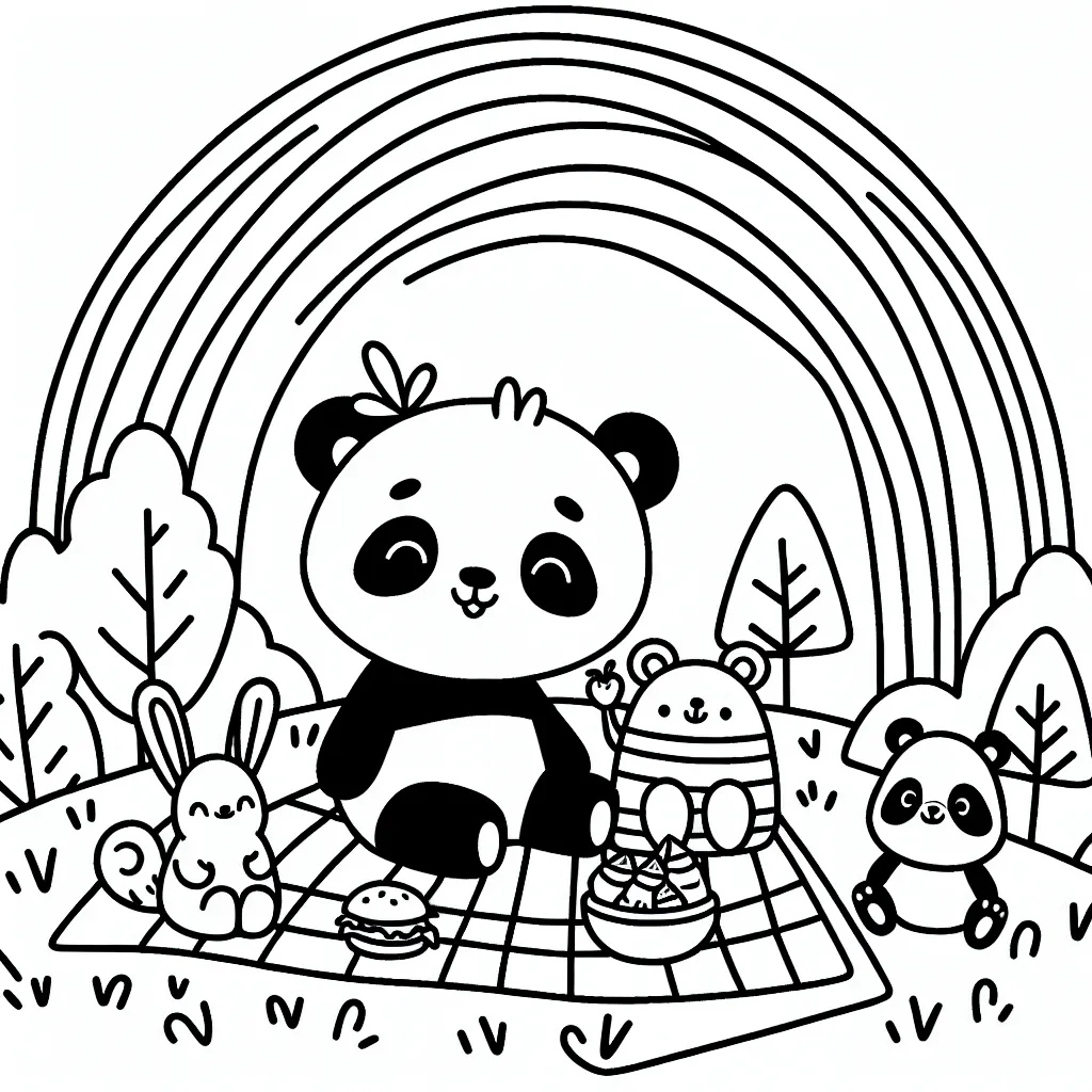 Imagine un dessin mettant en vedette un panda joyeux qui fait un pique-nique sous un arc-en-ciel avec ses amis les animaux de la forêt.