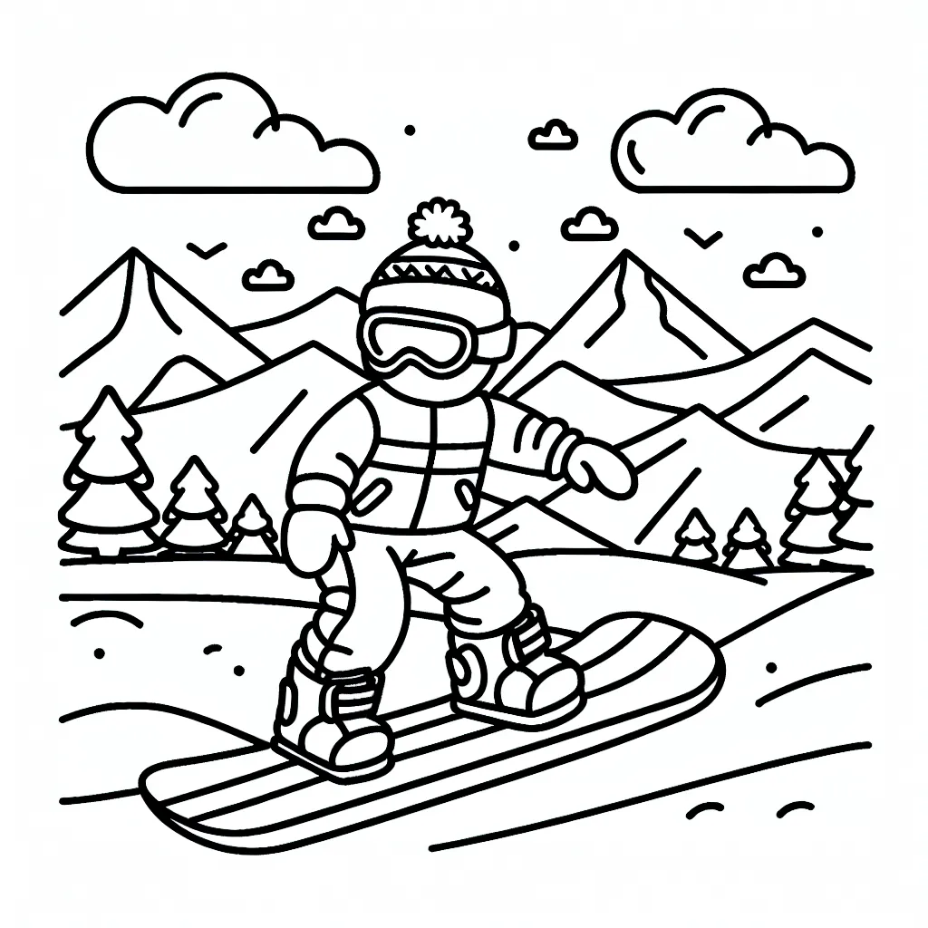 Dessine un snowboarder en action dans un paysage montagneux