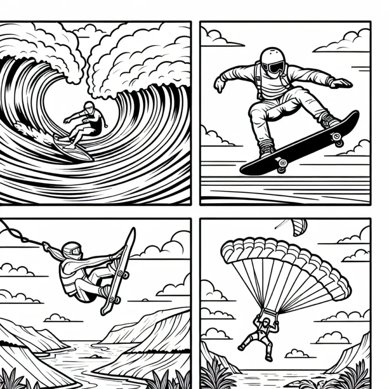 Dessine un surfer audacieux chevauchant une grande vague, un skater professionnel faisant une figure impressionnante sur une rampe et un parachutiste en plein vol vue d'en haut