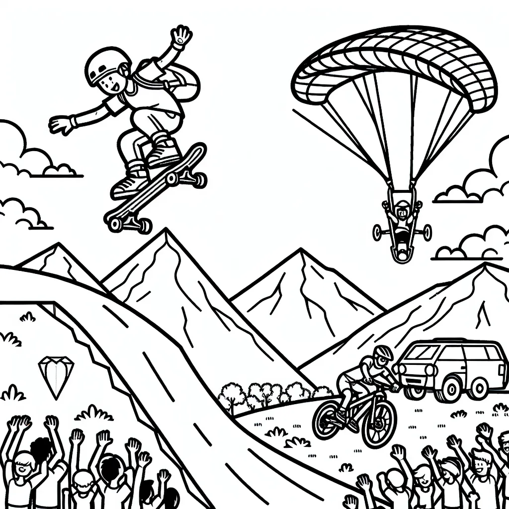 Dessine un skateboarder bondissant par-dessus des montagnes en arrière-plan tandis qu'un para-surfeur navigue dans le ciel bleu. Incluez également un VTTiste qui dévale un sentier escarpé. Des supporters enthousiastes bordent le sentier et le ciel.