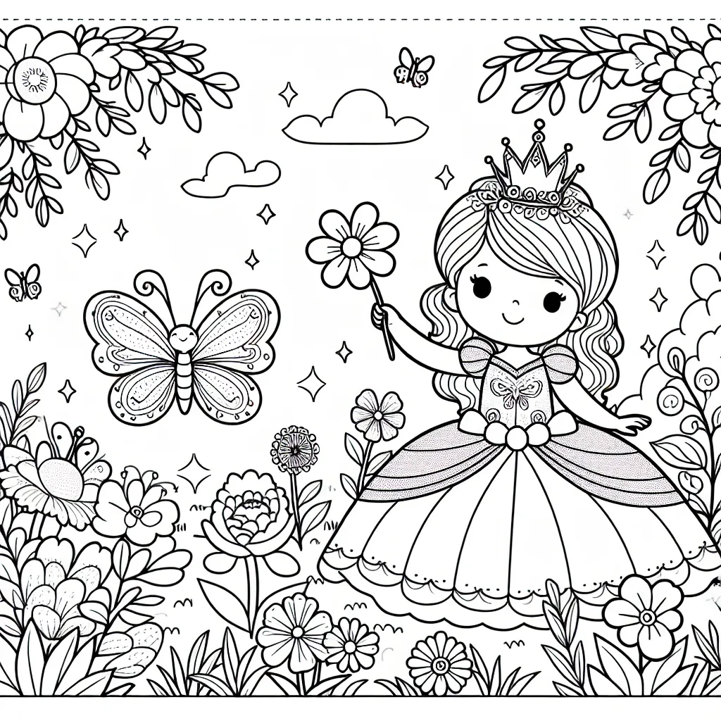 Coloriez la petite princesse dans son jardin floral enchanté avec son compagnon féerique, le papillon magique.