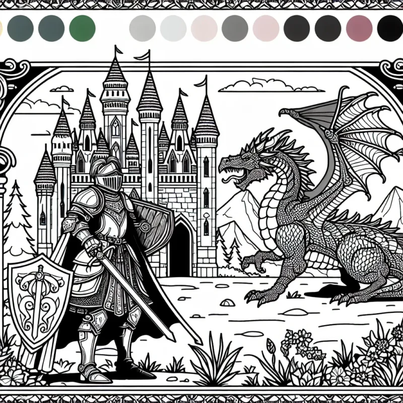 Imagine que tu es un courageux chevalier qui se tient devant un immense château enchanté. À tes côtés, il y a un dragon majestueux. Peux-tu donner de la couleur à cette scène palpitante?