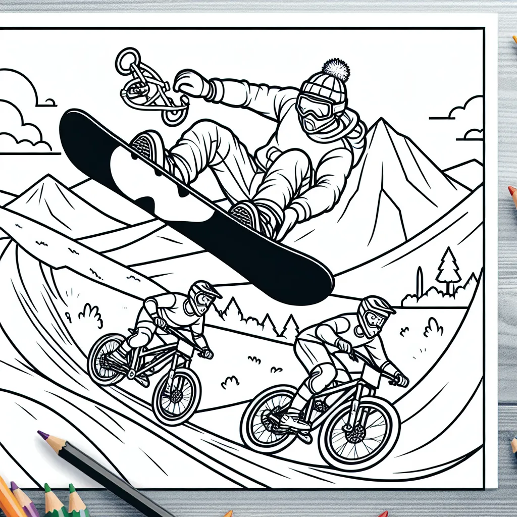 Dessine un snowboardeur professionnel effectuant une incroyable figure en demi-lune et des VTTistes dans une compétition de descente sur une piste montagneuse.