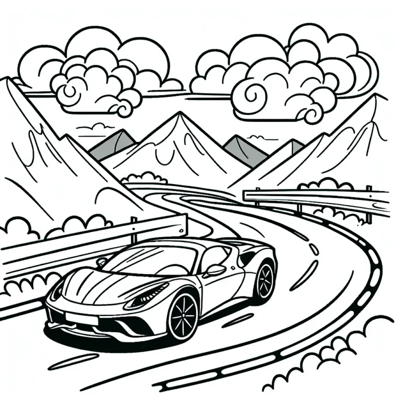 Dessine une voiture de sport roulant à travers une route sinueuse dans les montagnes, avec de belles nuages flottant dans le ciel