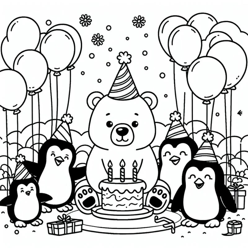 Un groupe de pingouins festifs organise une fête d'anniversaire pour leur ami l'ours polaire.