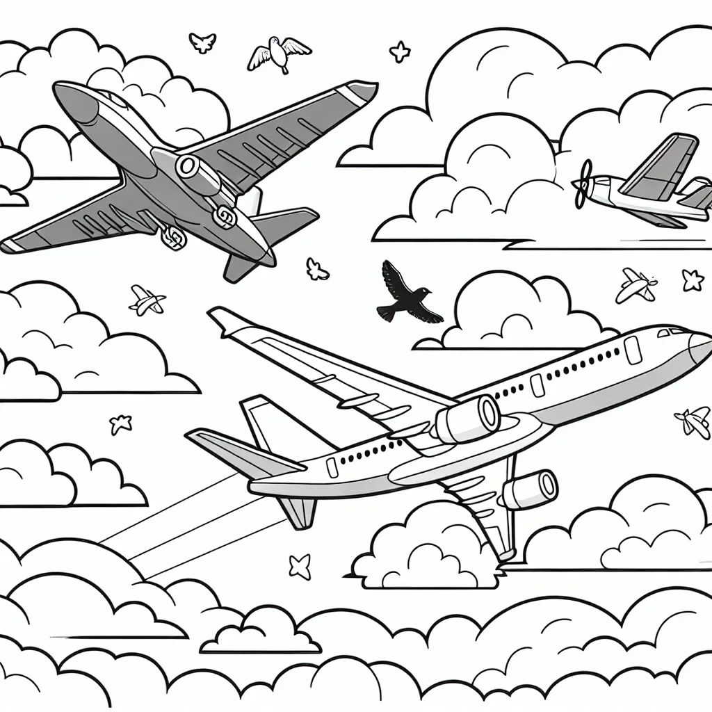 Imaginez un dessin à colorier où trois différents types d'avions voltigent dans un ciel nuageux, l'un est un avion de chasse, l'autre est un avion commercial et enfin un petit avion à hélice. Ils sont accompagnés par des oiseaux tout autour qui volent avec eux.