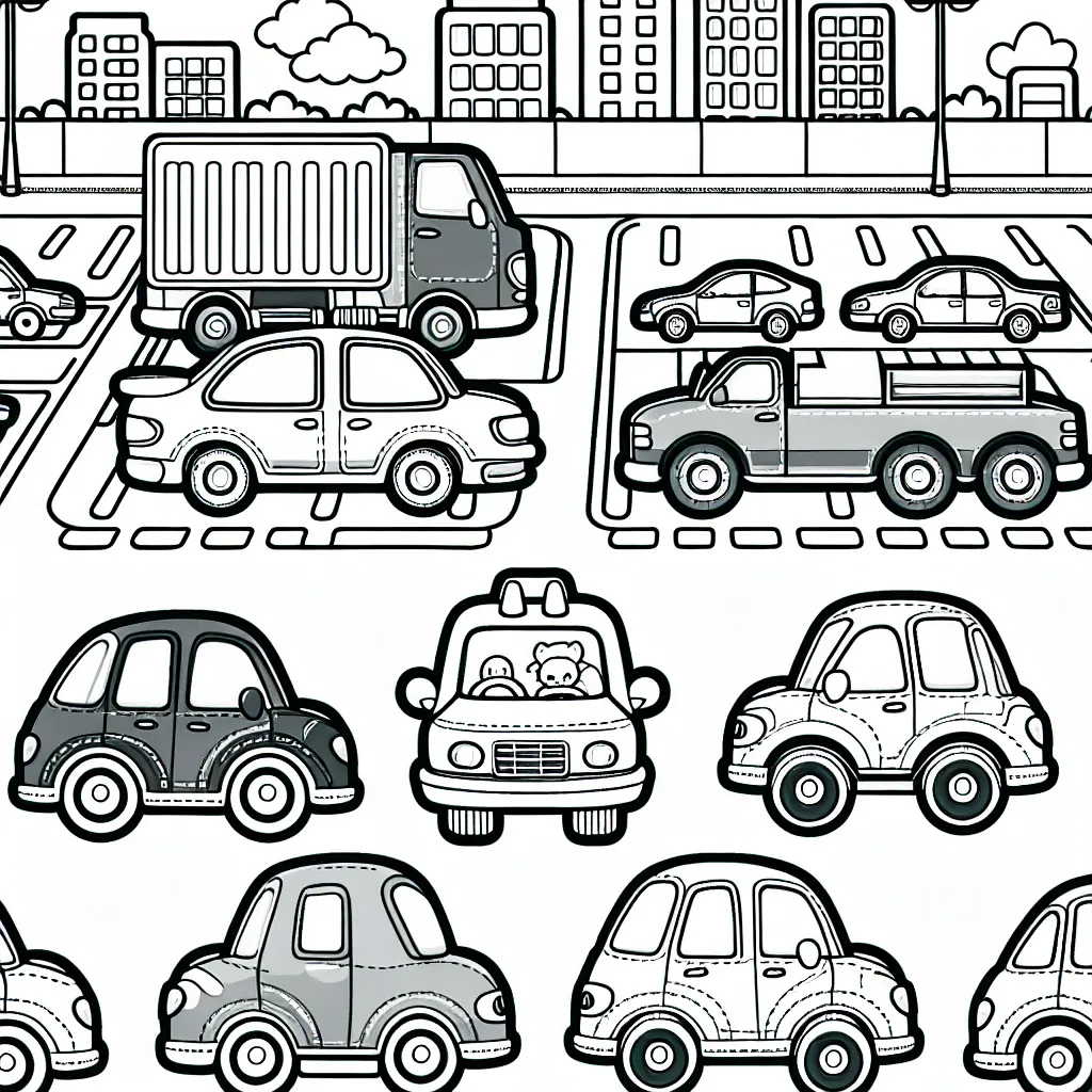 Des voitures de différentes marques sont garées dans un grand parking. Dessine et colorie chacune d'elles avec ses propres couleurs uniques.