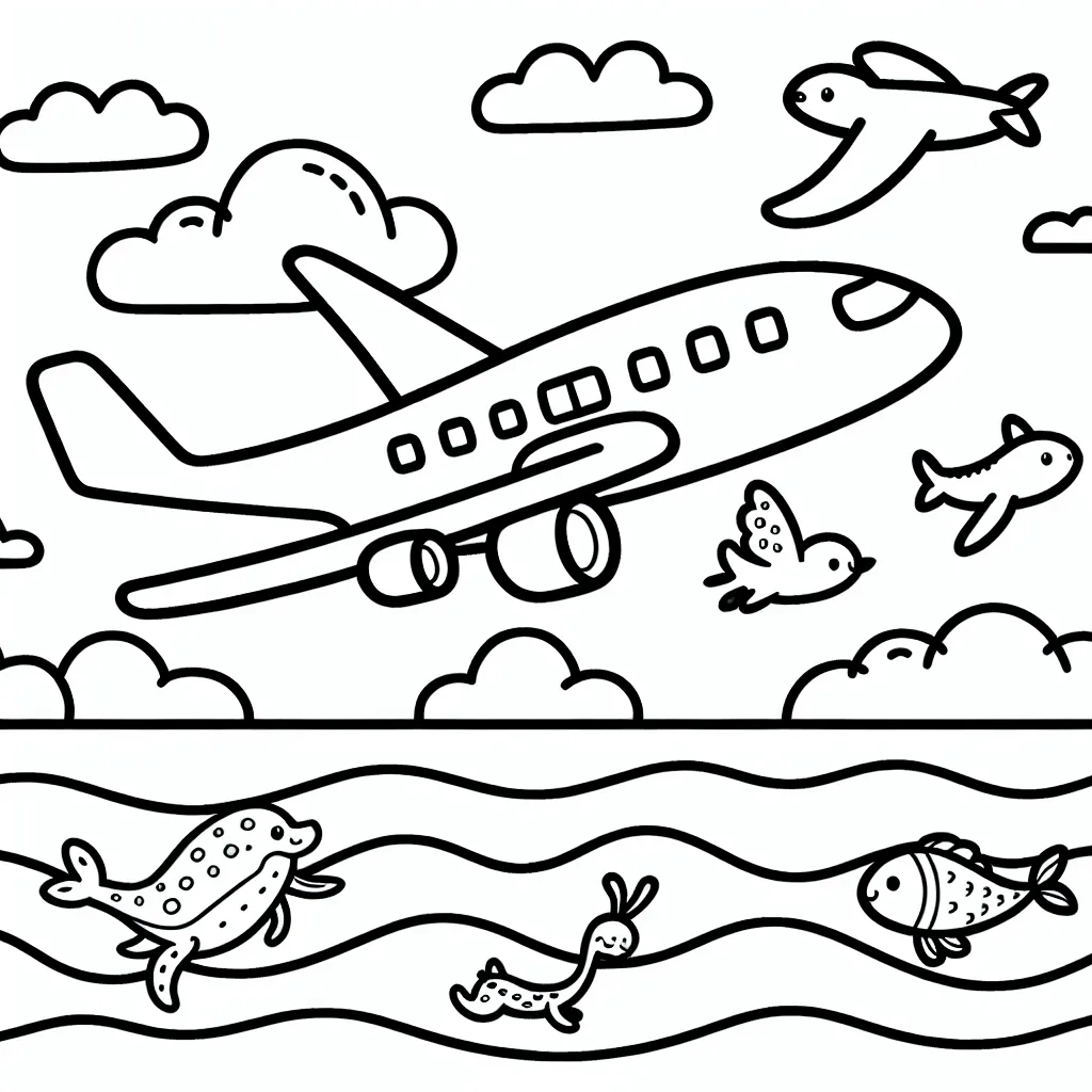 Dessine et colorie un avion de ligne survolant la mer avec à son bord des animaux.