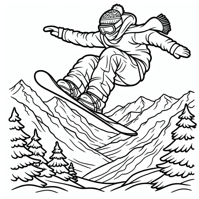 Sur ton dessin, tu peux voir un snowboardeur qui effectue un saut impressionnant au-dessus d'une montagne enneigée. Prêt à donner vie à cette scène palpitante ?