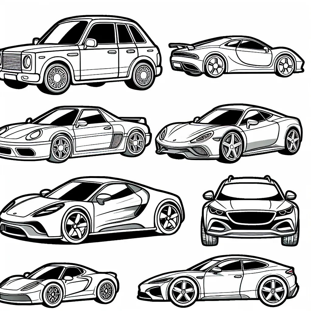 Dessine et colorie des voitures selon leurs marques comme Ferrari, BMW, Audi, Mercedes et Tesla. Remplis chaque voiture avec tes couleurs préférées !