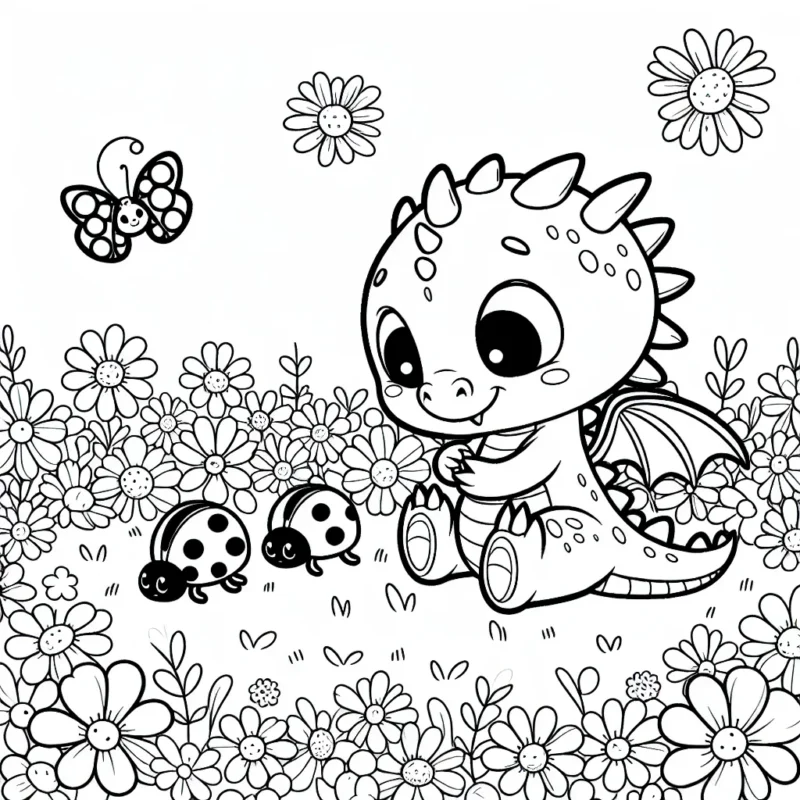 Un petit dragon gentil et mignon jouant avec des coccinelles dans une prairie remplie de fleurs de toutes les couleurs