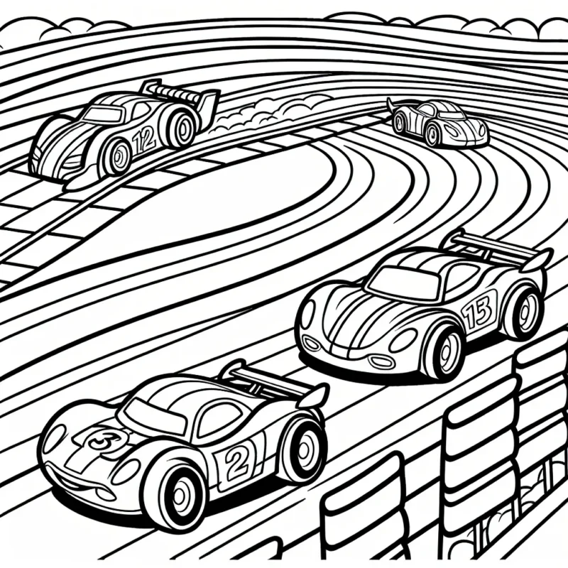 Dessin d'une scène animée de voitures de course sur un circuit