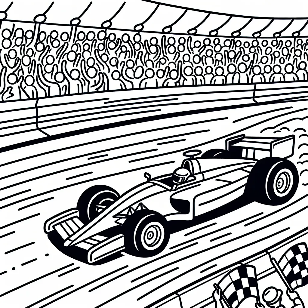 dessiner une voiture de course fonçant sur une piste avec des gradins remplis de spectateurs