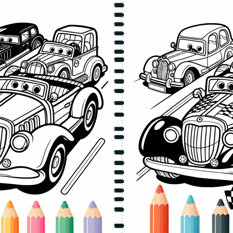 Dessinez une scène animée dans une course de voitures animée avec différents modèles de voitures classiques et modernes. Chaque voiture a des détails uniques et une variété de motifs que vous pouvez colorer.