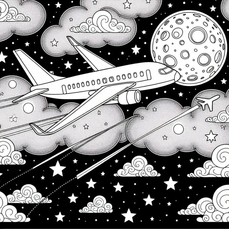 Un avion voyageant dans le ciel étoilé en direction de la lune entourée de nuages flottants avec des étoiles scintillantes tout autour. L'avion est stylisé avec des contours clairs pour faciliter le coloriage. Inclus également des éléments comme l'équipage à bord visible par les fenêtres, l'hôtesse de l'air qui sert les passagers, le pilote dans le cockpit, etc.