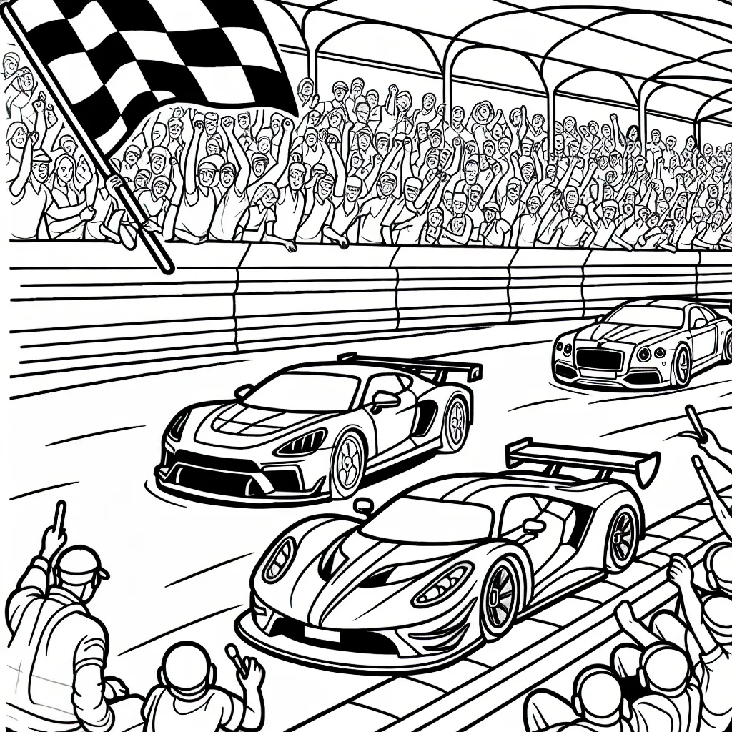 Dessine une course palpitante de voitures de sport sur un circuit avec des spectateurs en arrière-plan.