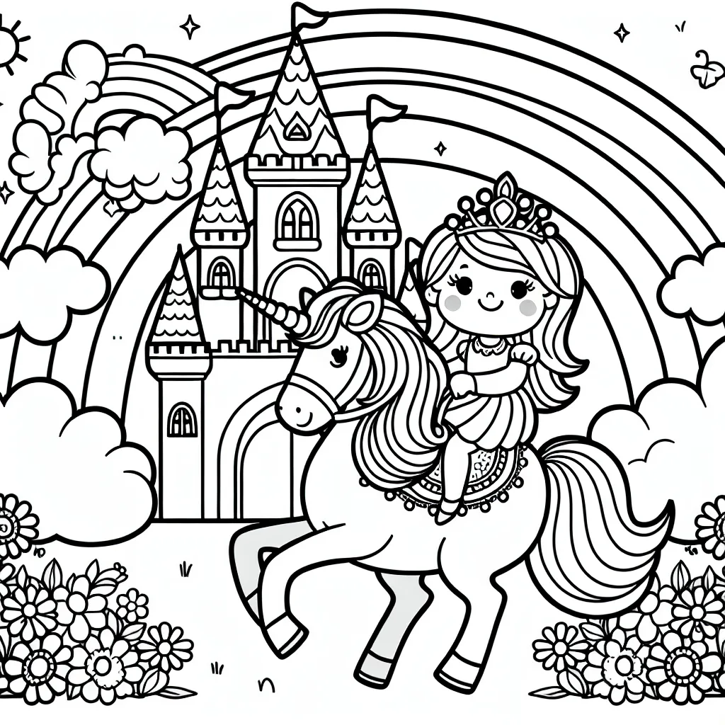 Une princesse couronnée monte sur un magnifique poney licorne en face d'un grand château féerique. Il y a aussi un arc-en-ciel lumineux et plein de fleurs multicolores dans le ciel.