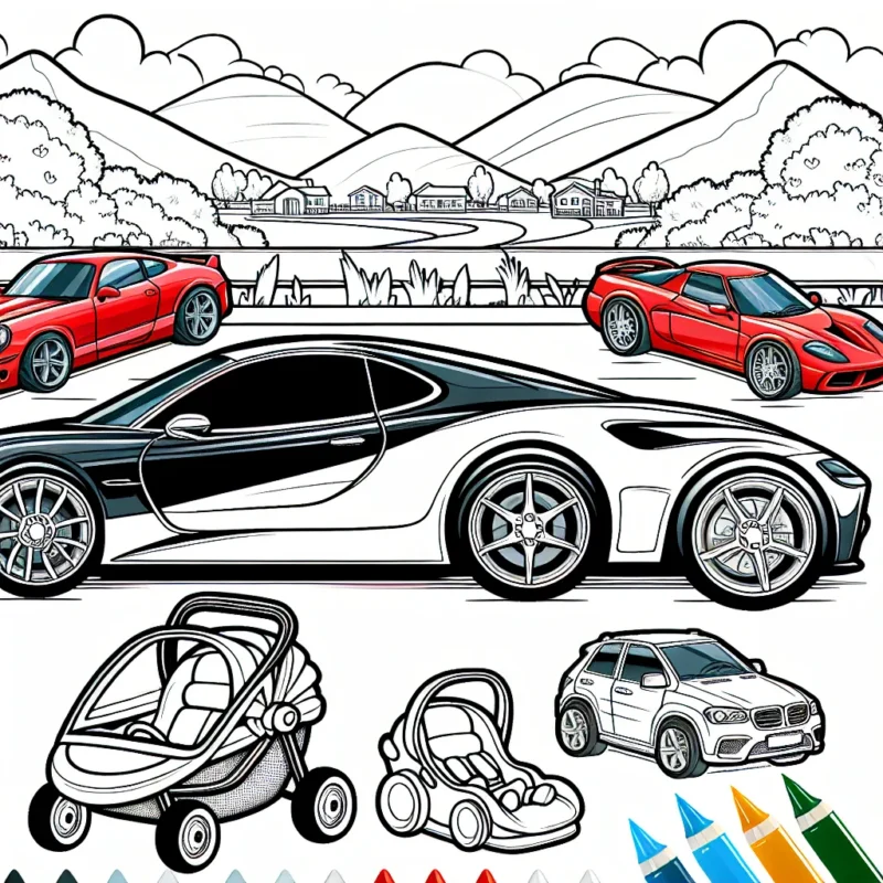 Dessine une voiture pour chaque marque: Ferrari rouge, BMW bleue, Mercedes verte, Audi jaune, et Renault violette. N'oublie pas de mettre les logos des marques sur les voitures!