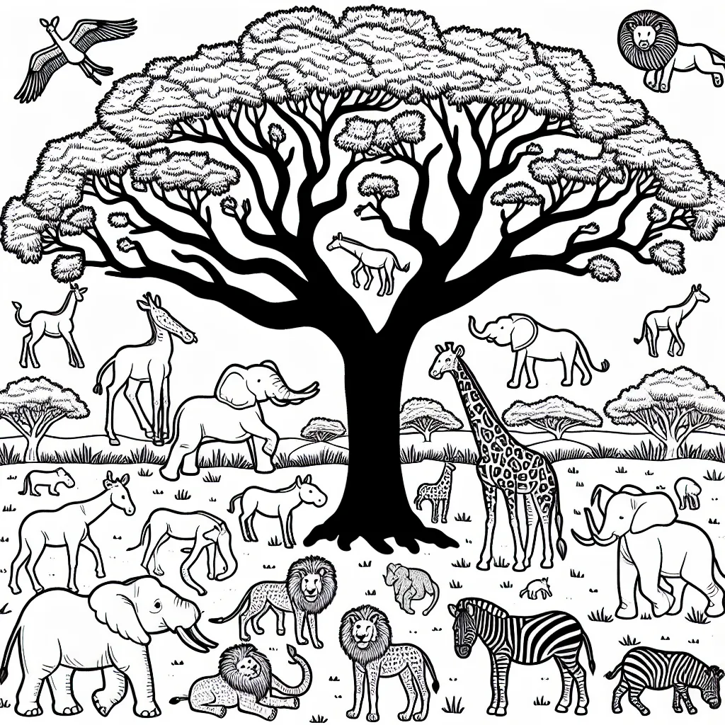 Les animaux de la savane réunis autour d'un arbre majestueux