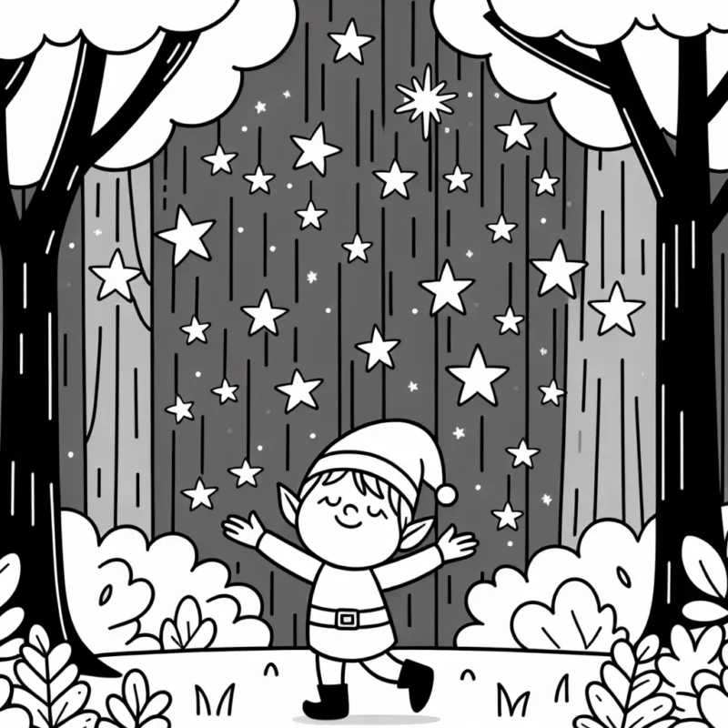 Un petit lutin joyeux qui danse sous une pluie d'étoiles filantes dans une forêt enchantée.