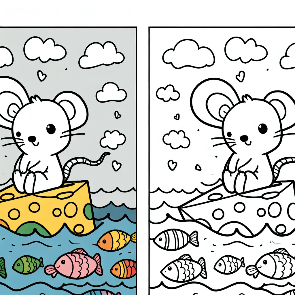 Une petite souris navigue sur un morceau de fromage à travers une mer remplie de poissons multicolores.