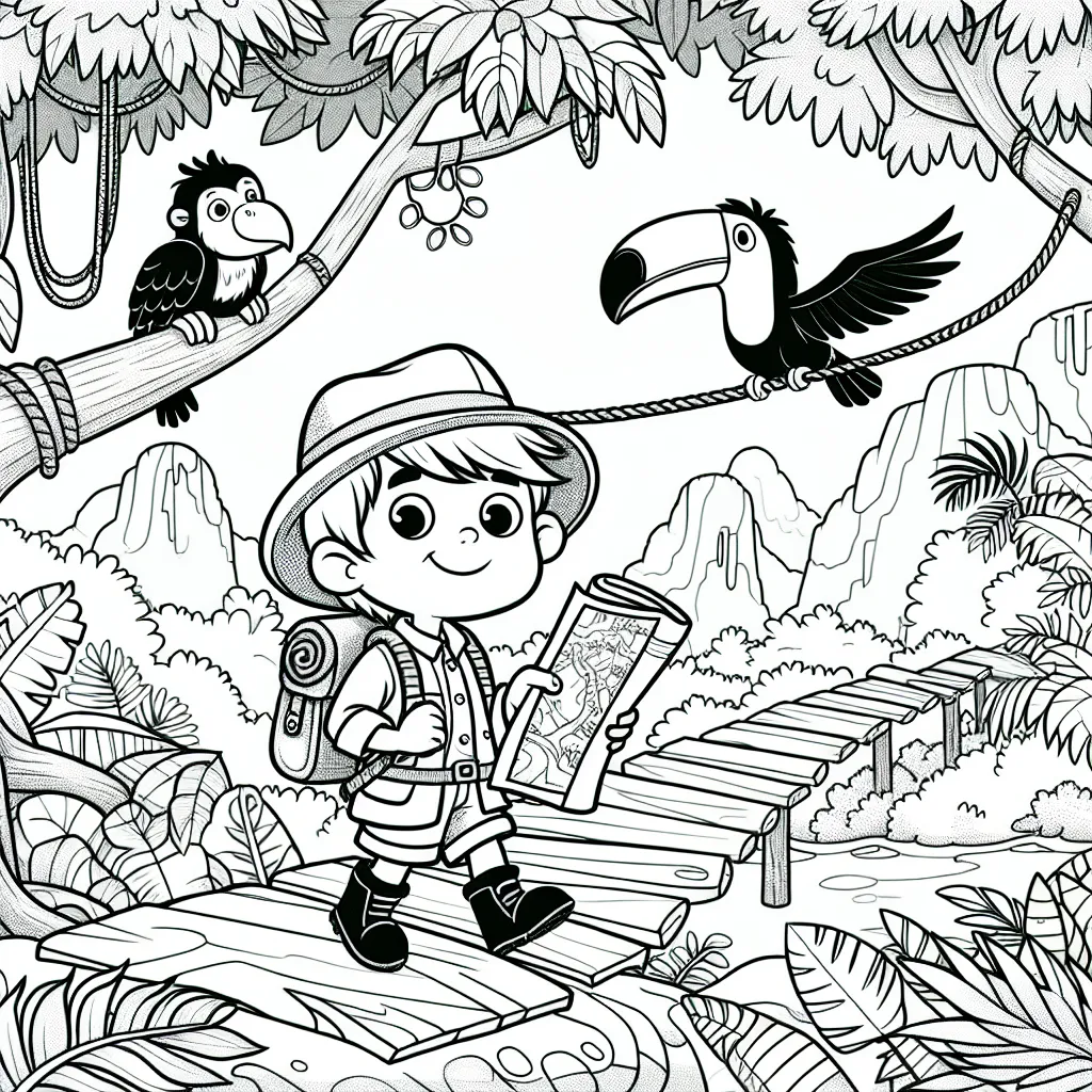 Un petit garçon explorateur navigue à travers la forêt tropicale dense, sa carte à la main, il est flanqué de ses fidèles amis animaux - un courageux singe et un toucan curieux. Des escalades d'arbres audacieuses, des ponts de lianes branlants et des trésors cachés n'attendent que d'être colorés.