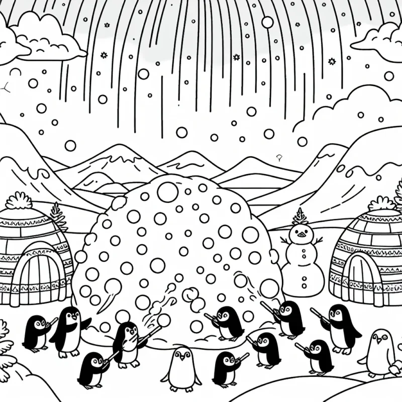 Un groupe de pingouins faisant une énorme bataille de boules de neige dans un paysage polaire avec des igloos et des aurores boréales