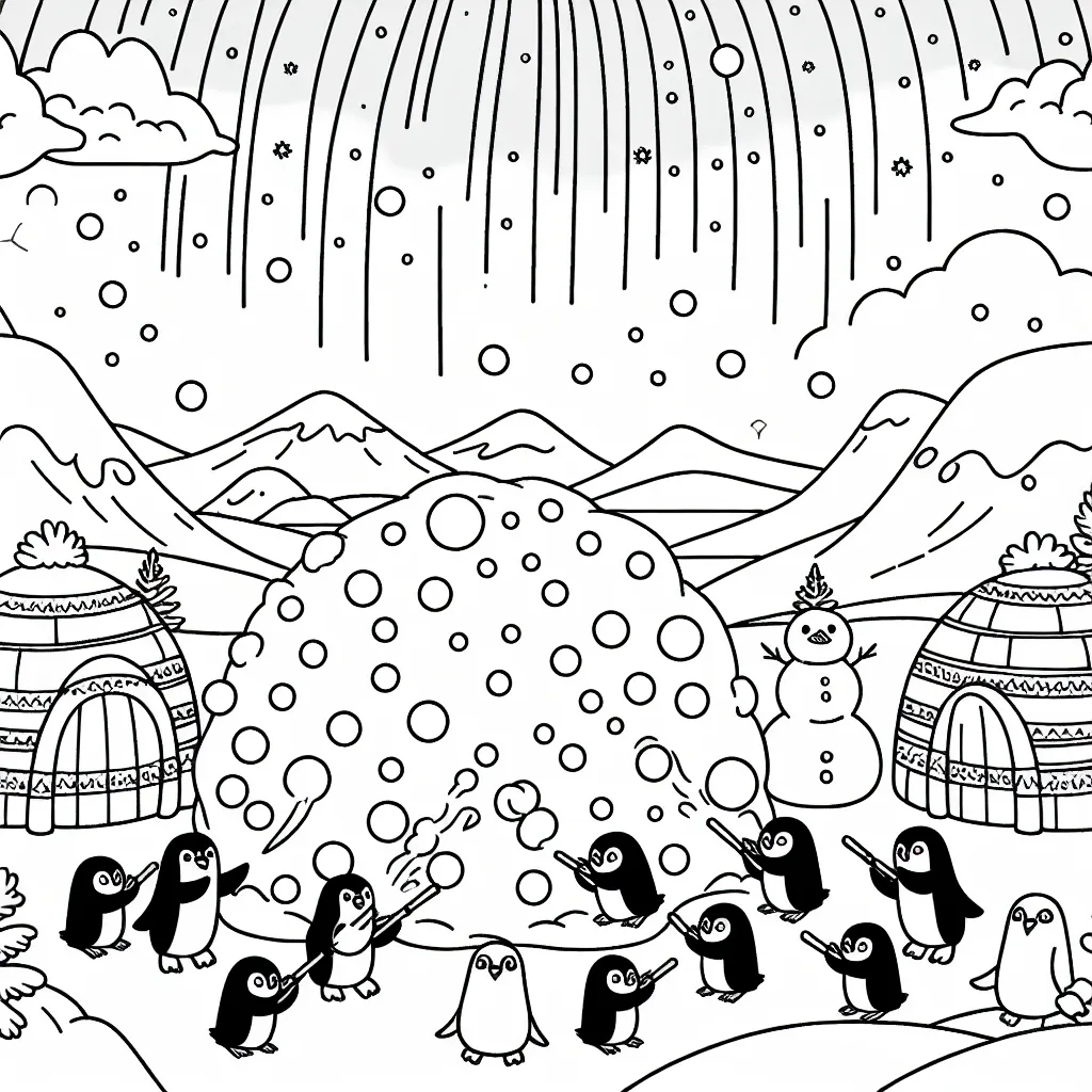 Un groupe de pingouins faisant une énorme bataille de boules de neige dans un paysage polaire avec des igloos et des aurores boréales