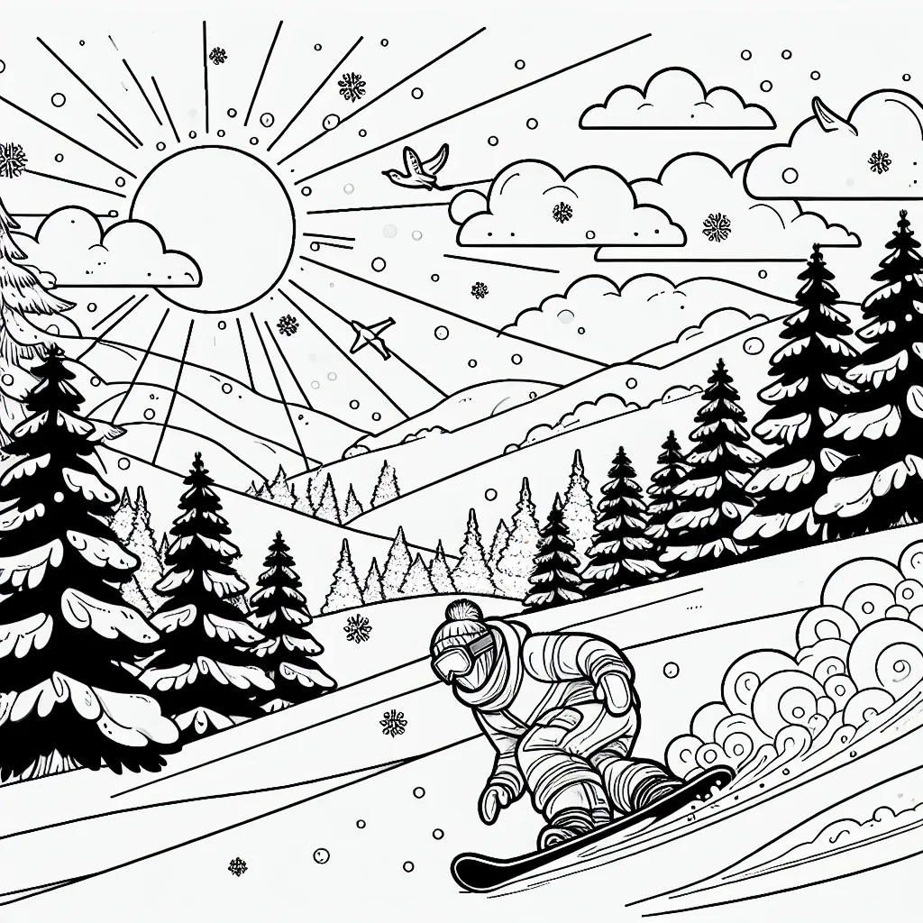 Imagine un snowboardeur dévalant une montagne enneigée avec une forêt d'arbres givrés en arrière-plan. L'image intègre également des détails comme le soleil qui brille à l'horizon, des oiseaux volant dans le ciel, et des flocons de neige tombant doucement.