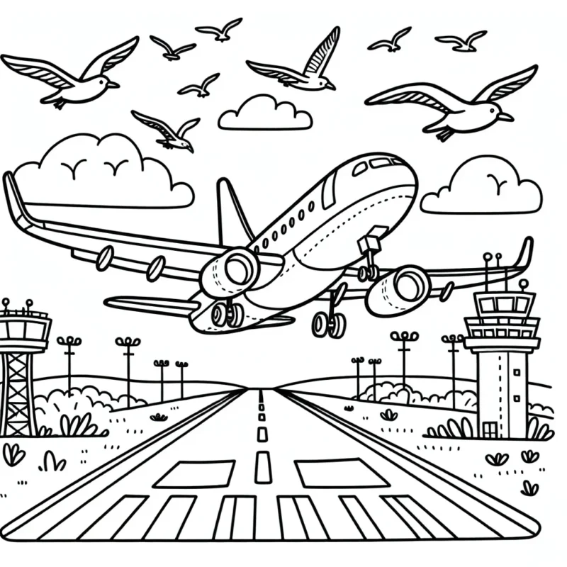 Pour ce coloriage, imagine une scène de décollage d'un avion en plein jour. L'avion doit avoir un design classique et simple à colorier pour les enfants. Intègre des éléments de l'aéroport, comme une tour de contrôle, des piste de décollage et des mouettes volant dans le ciel.