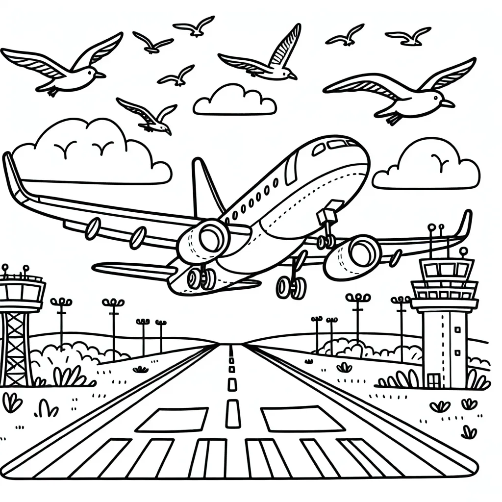 Pour ce coloriage, imagine une scène de décollage d'un avion en plein jour. L'avion doit avoir un design classique et simple à colorier pour les enfants. Intègre des éléments de l'aéroport, comme une tour de contrôle, des piste de décollage et des mouettes volant dans le ciel.