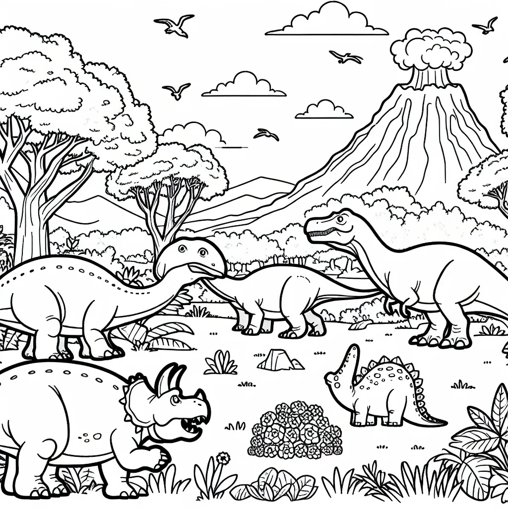 Une journée mouvementée au pays des dinosaures ! Des tyrannosaures chassant leur proie, des diplodocus broutant paisiblement et un volcan en éruption au loin.