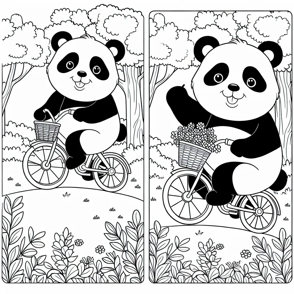 Un panda géant faisant du vélo dans un jardin luxuriant