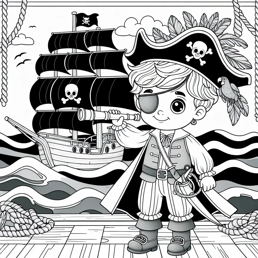 Un petit garçon porte un costume de pirate dessiné en détails, avec un chapeau à plumes, une épée scintillante à la ceinture et une longue-vue à la main. Il se tient sur le pont d'un grand navire pirate, avec des cordes, des voiles et un drapeau pirate à l'arrière-plan. Des vagues déferlent sur le côté du navire et un perroquet coloré est perché sur l'épaule du garçon.