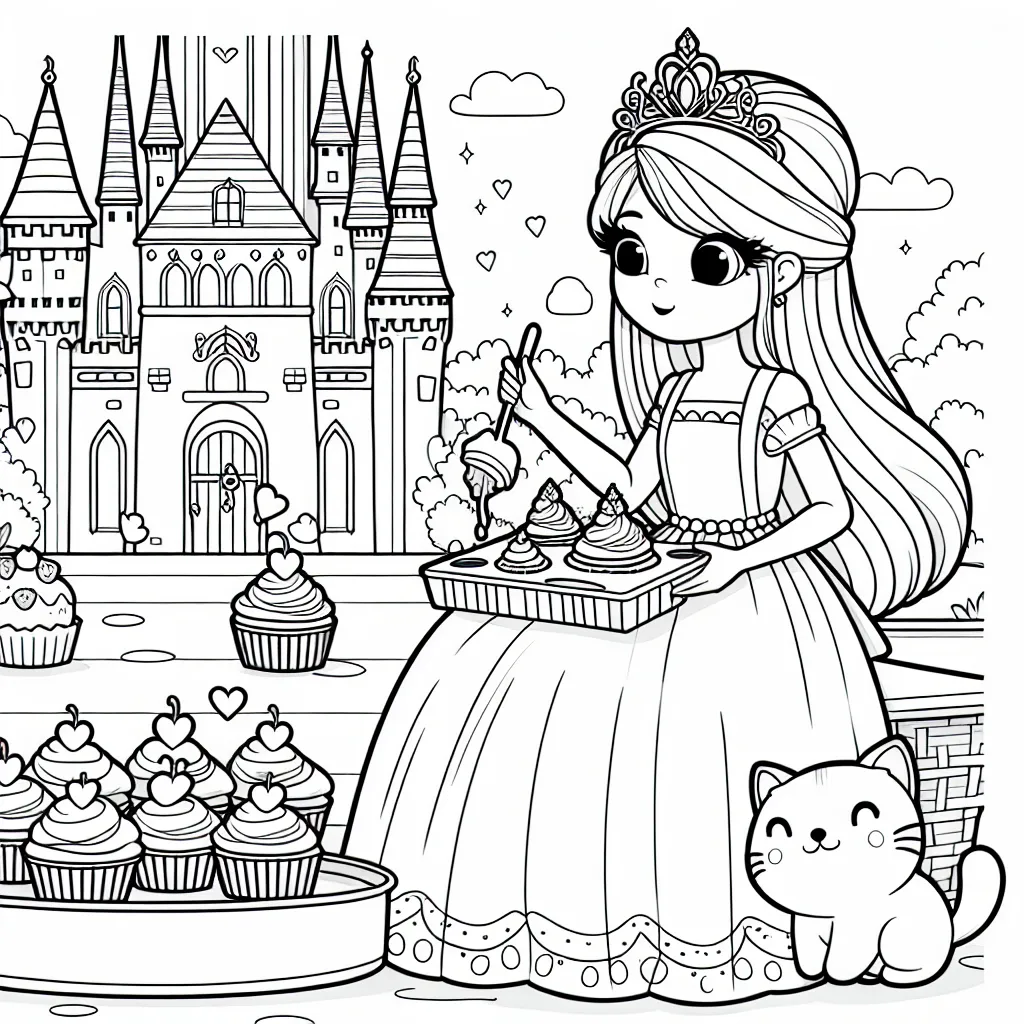 Princesse Laura préparant des cupcakes dans son château magique enchanteur avec son petit chat rose