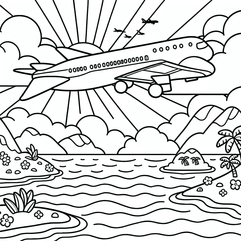 Dessine un avion en plein vol, passant au-dessus de l'océan, avec des îles tropicales en dessous et un magnifique lever de soleil en arrière-plan.