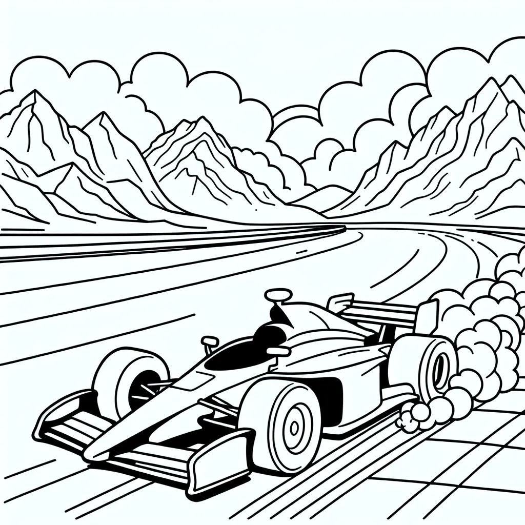 Dessine une voiture de course lancée à pleine vitesse sur une piste, avec en toile de fond des montagnes et un ciel parsemé de nuages.