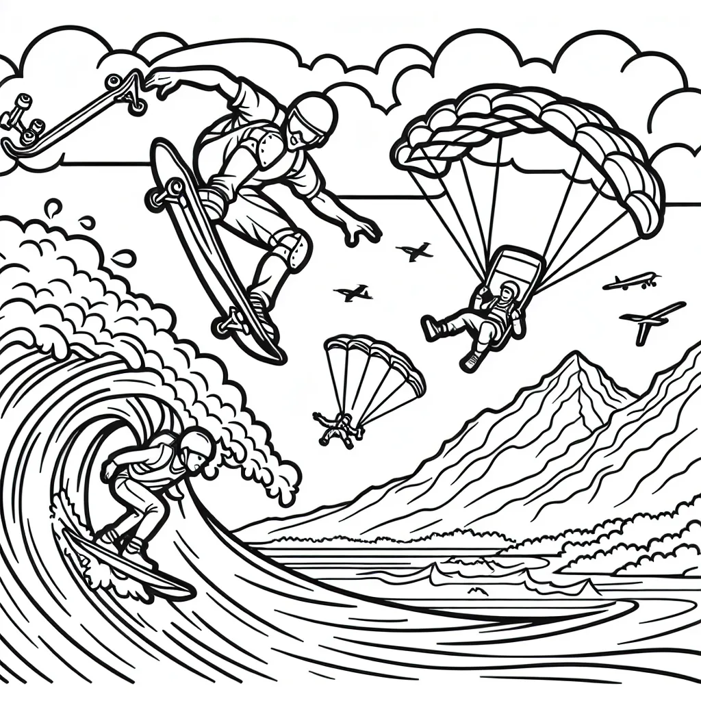 Dans ce dessin, il y a un skateur en plein vol montrant une spectaculaire figure appelée flip. Il y a aussi un parachutiste descendant rapidement du ciel et un surfer affrontant une énorme vague. L'arrière-plan montre une montagne avec un alpiniste escarpant.