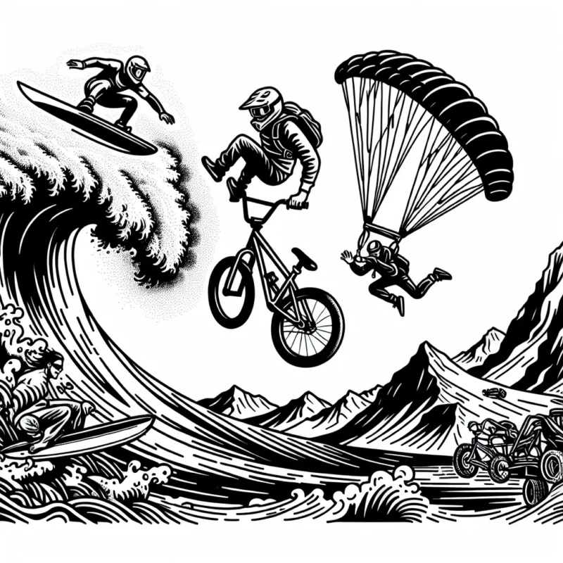 Imagine une scène dynamique où plusieurs sports extrêmes sont illustrés. On y trouvera un athlète en plein saut de BMX, un parachutiste en chute libre, une personne en plein surf sur une vague gigantesque et une autre escaladant une montagne abrupte. Assure-toi d'ajouter beaucoup de détails pour rendre le dessin vivant et attrayant.