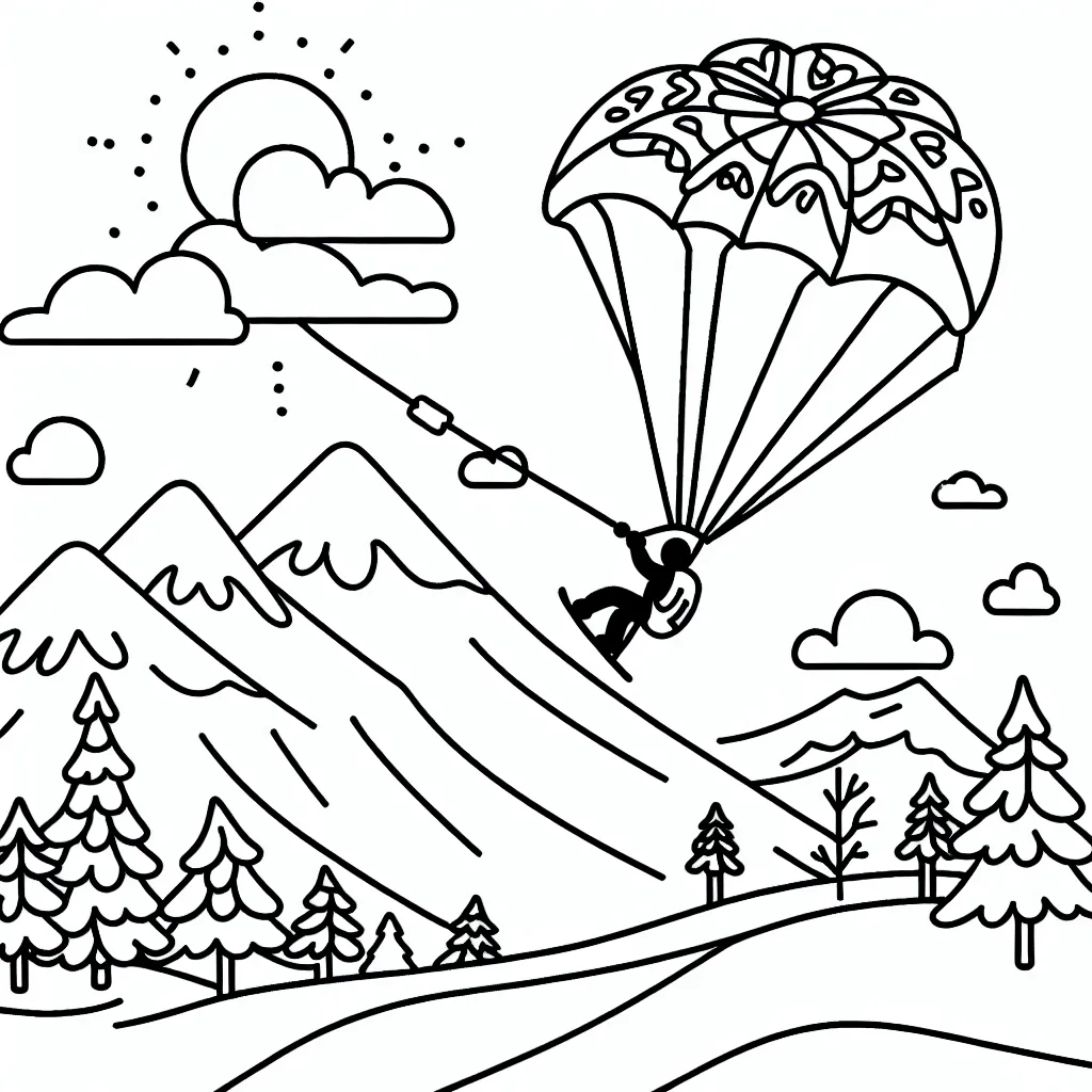 Dessine un paraskieur survolant une chaîne de montagnes enneigées avec un cerf-volant coloré