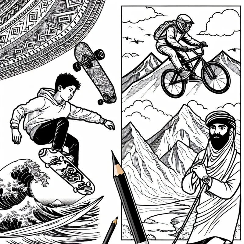 Dans ce dessin, imaginez un enfant en train de faire du skateboard sur une rampe, un autre enfant se prépare à sauter avec son BMX. Dans le coin supérieur, tracez des montagnes représentant un environnement de ski extrême avec un skieur sur le point de descendre une pente très raide. Dans un autre coin, dessinez un surfeur attrapant une grande vague à la mer, et finalement, un grimpeur s'accrochant à une falaise difficile.