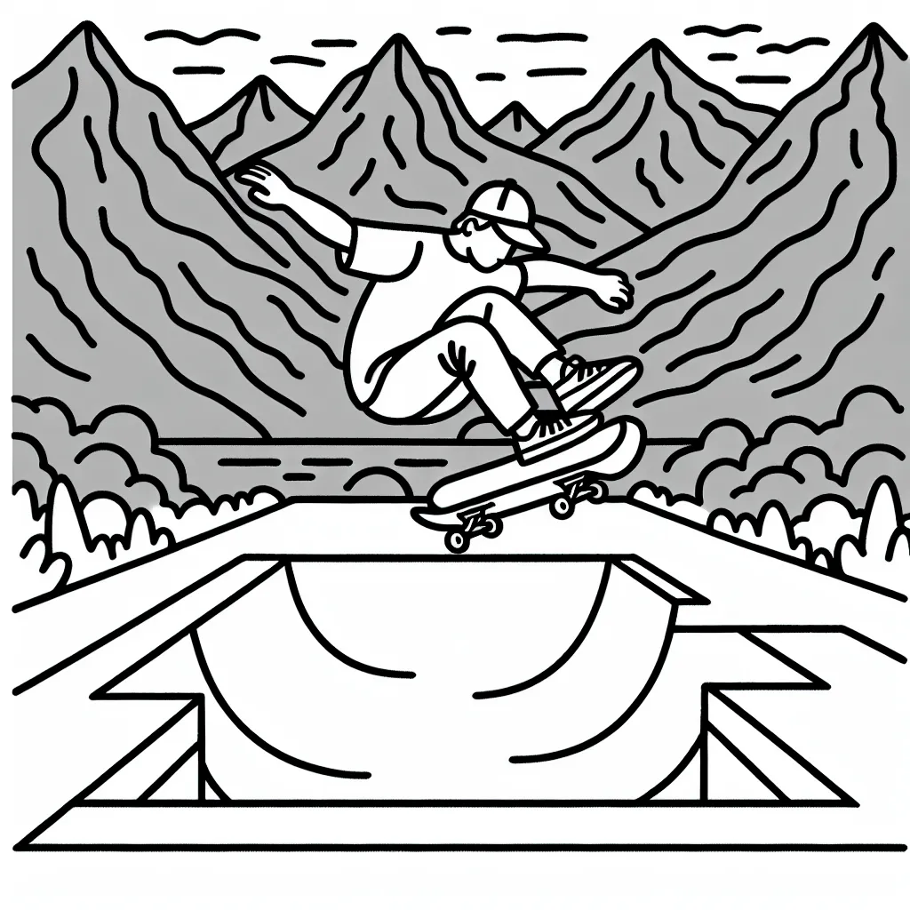 Dessine un skateur en action sur une rampe de skatepark, avec des montagnes en arrière-plan.