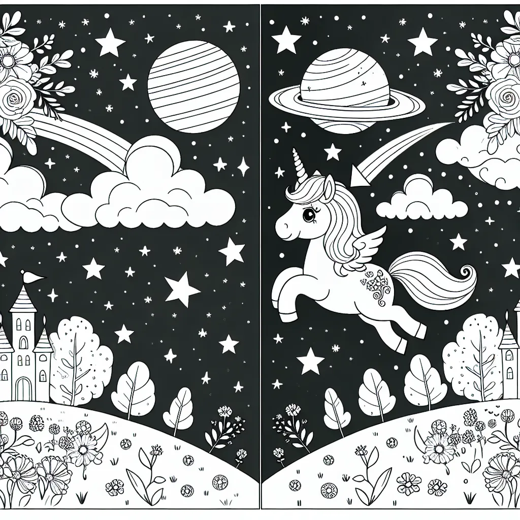 Une jolie licorne vole doucement à travers un ciel parsemé d'étoiles brillantes et de belles planètes colorées. Dans le paysage ci-dessous, on peut voir un petit château de conte de fées entouré de magnifiques fleurs en fleur.