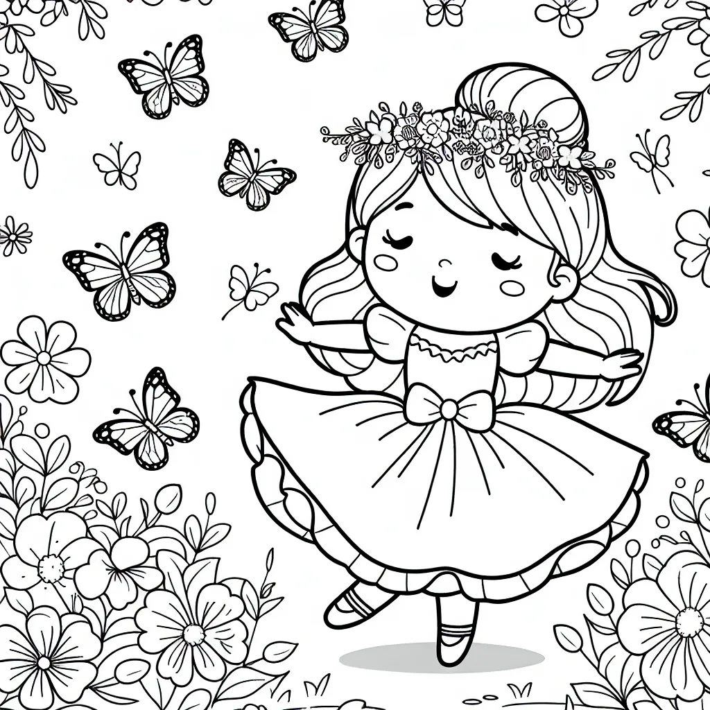 Petite Princesse danse avec les papillons entouré de magnifiques fleurs dans son jardin secret