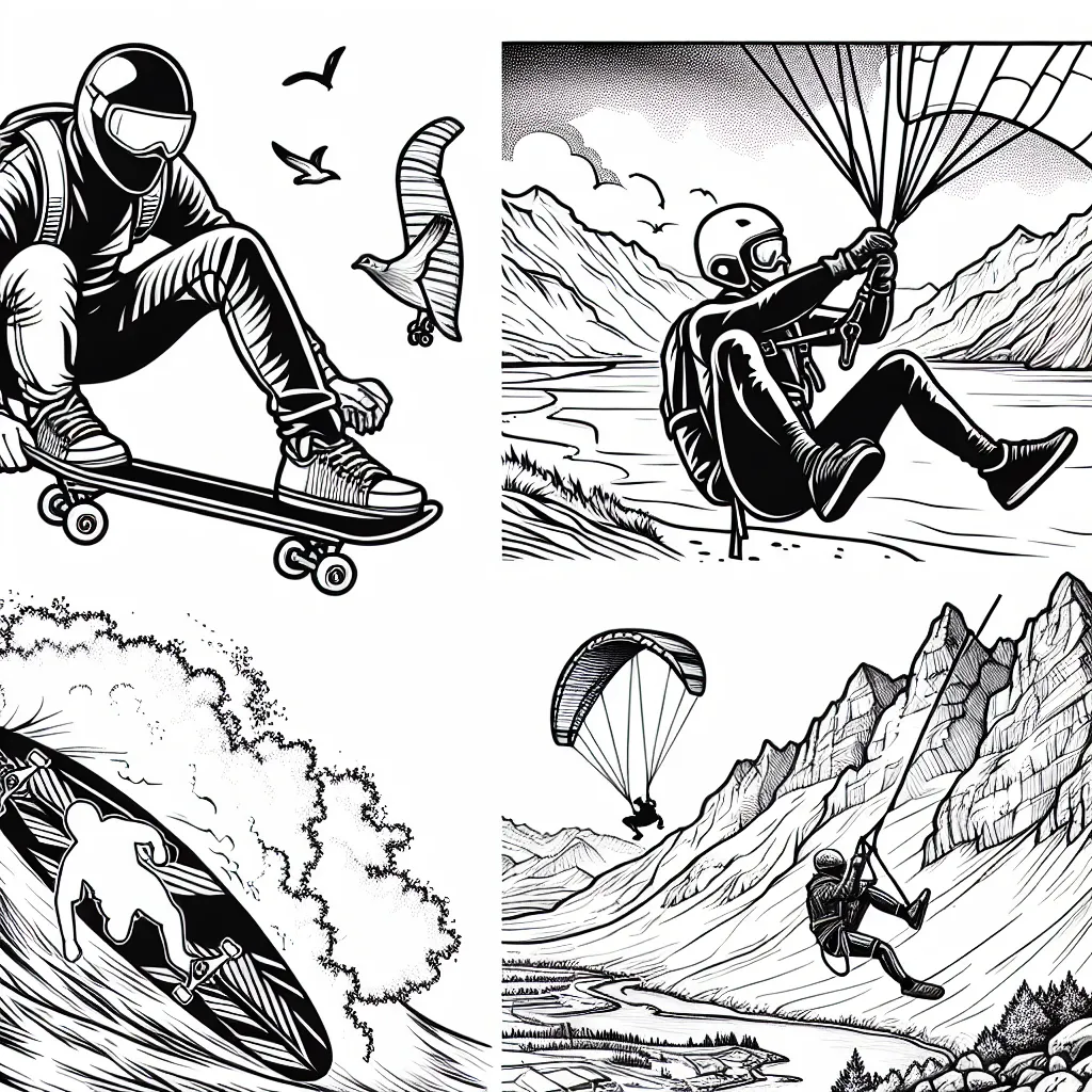 Découvre les sports extrêmes avec ce fantastique dessin détaillé. Tu y trouveras un skateur en pleine action, un parachutiste en chute libre, un véliplanchiste bravant les vagues et un alpiniste escaladant une montagne rigide. Amuse-toi à colorier ces scènes palpitantes!